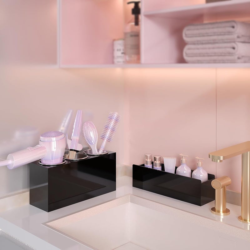 PITBVO Hair Tool Organizer, Acrylic Hot Hair Styling Tool Organizer with 3 Cups, Hair Dryer Holder for Bathroom Organization Bedroom Vanity Countertop Caddy Storage Curling Iron Stand (Glossy Black) - Image 3